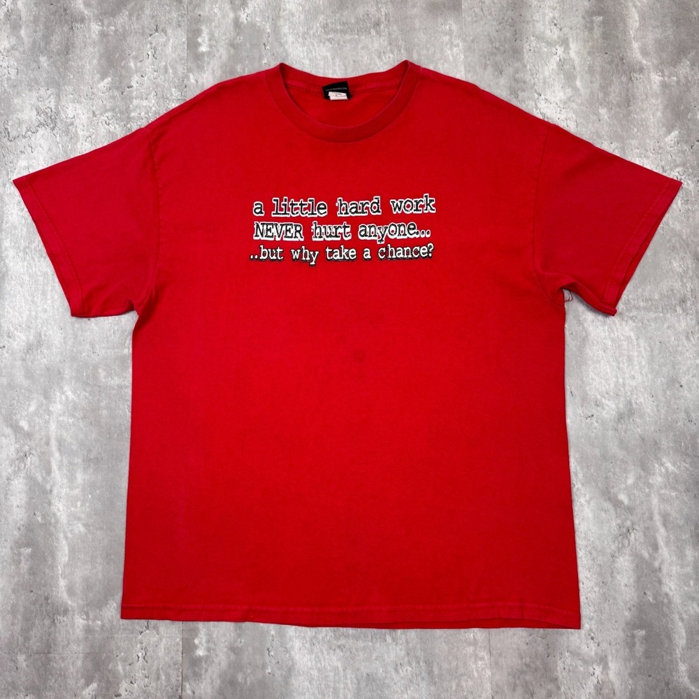 Vintage‎ Hard Work Never Hurt Someone T-Shirt Mens XL Red Word Funny Joke Y2K